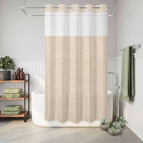 No Hook Shower Curtain with Built-In Rings, Vintage Linen Window for Bathroom,No Hook Shower Curtain with Built-In Rings, Pastoral Beige Linen Texture Farmhouse 36"x72"