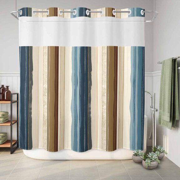 No Hook Shower Curtain with Built-In Rings, Vintage Striped Washable Waterproof Fabric Curtain with Mesh Top Window for Bathtub and Bathroom,Blue White Gray Stripe Abstract Retro 72"x78"