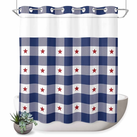 No Hook Shower Curtain with Built-in Rings - 4th of July Red Americana Stars Washable Waterproof Fabric Bathroom Curtains for Hotel,Rentals, 72 X 72 Inch Long , Blue White Check Plaid