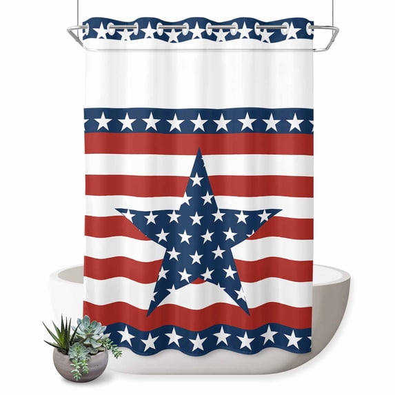 No Hook Shower Curtain with Built-in Rings - 4th of July Washable Waterproof Fabric Bathroom Curtains for Hotel,Rentals, 60 X 72 Inch Long , Patriotic American Stars Red White And Blue