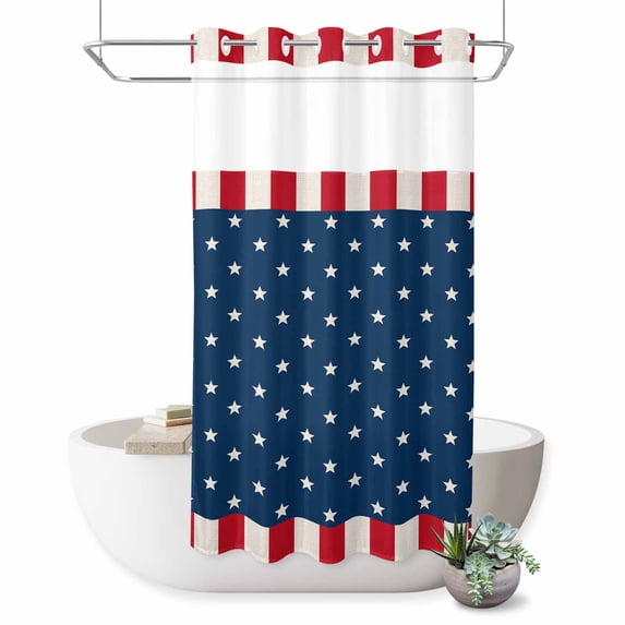 No Hook Shower Curtain with Built-in Rings - 4th of July Washable Waterproof Fabric Bathroom Curtains for Hotel,Rentals, Stall 36 X 72 Inch , Patriotic American Flag Stars Red Stripes Blue