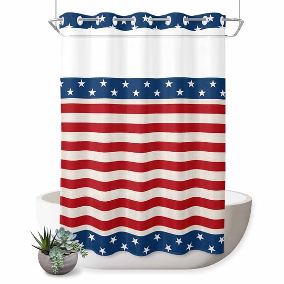 No Hook Shower Curtain with Built-in Rings - 4th of July Washable Waterproof Fabric Bathroom Curtains for Hotel,Rentals, Stall 48 X 72 Inch , Patriotic Stripes and Stars Memorial Day Independence Day