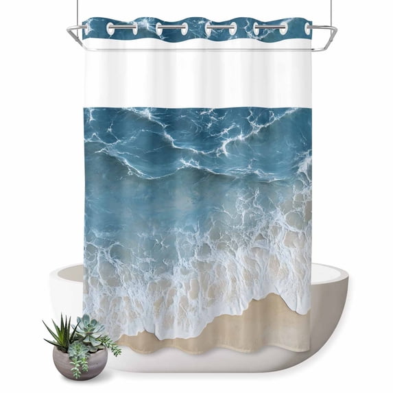 No Hook Shower Curtain with Built-in Rings - Abstract Blue Beach Washable Waterproof Fabric Bathroom Curtains for Hotel,Rentals, 60 X 72 Inch Long , Watercolor Modern Art