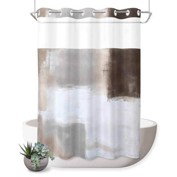 No Hook Shower Curtain with Built-in Rings - Abstract Brown White Checkered Washable Waterproof Fabric Bathroom Curtains for Hotel,Rentals, Stall 48 X 72 Inch , Modern Watercolor Art