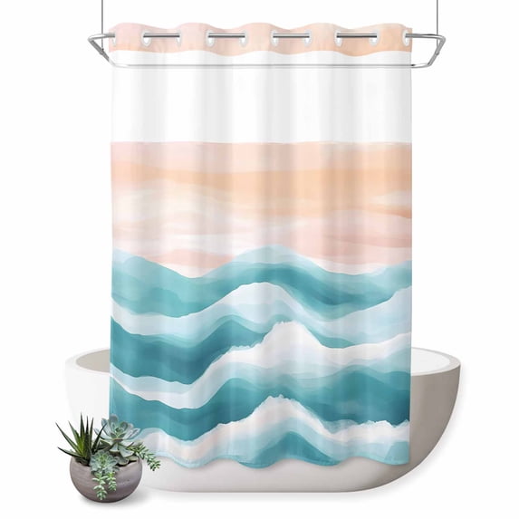 No Hook Shower Curtain with Built-in Rings - Abstract Coastal Washable Waterproof Fabric Bathroom Curtains for Hotel,Rentals, Stall 48 X 72 Inch , Ocean Waves Pink Turquoise