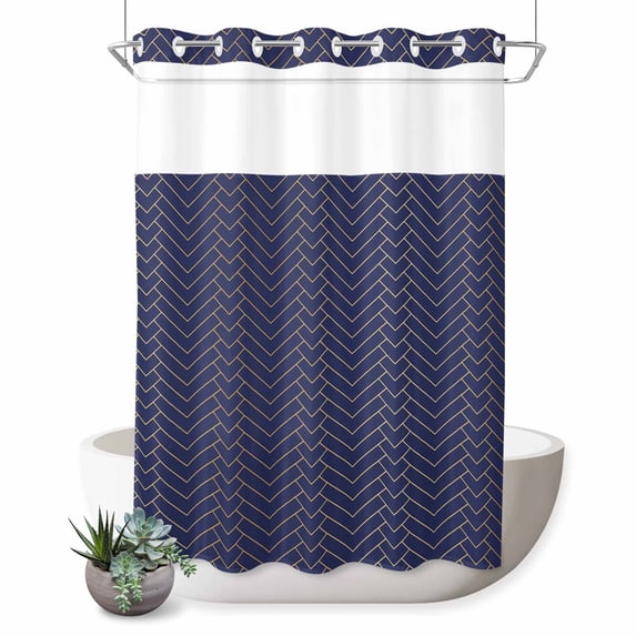 No Hook Shower Curtain with Built-in Rings - Abstract Geometric Washable Waterproof Fabric Bathroom Curtains for Hotel,Rentals, 72X 96 Inch Extra Long , Navy Blue Gold Minimalist Herringbone Pattern