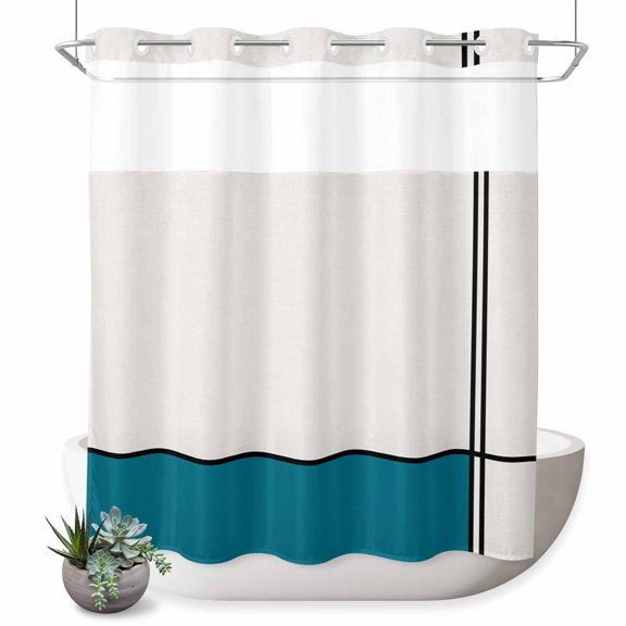 No Hook Shower Curtain with Built-in Rings - Abstract Lines Washable Waterproof Fabric Bathroom Curtains for Hotel,Rentals, 72 X 72 Inch Long Modern Teal Stripes