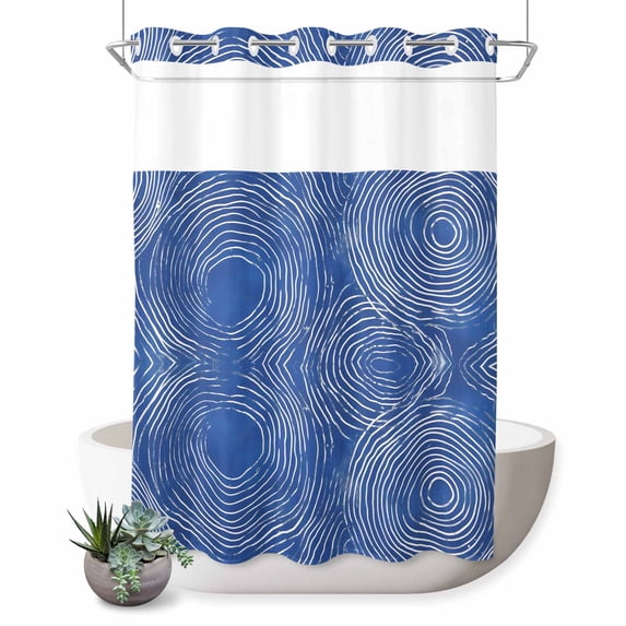 No Hook Shower Curtain with Built-in Rings - Abstract Washable Waterproof Fabric Bathroom Curtains for Hotel,Rentals, 72X 96 Inch Extra Long , Striped Round Hollow Circle Blue White