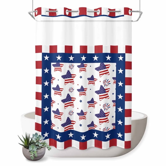 No Hook Shower Curtain with Built-in Rings - American Flag 4th of July Washable Waterproof Fabric Bathroom Curtains for Hotel,Rentals, 60 X 72 Inch Long , Red White Blue Striped