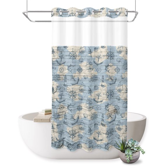 No Hook Shower Curtain with Built-in Rings - Anchor Compass Sailboat Washable Waterproof Fabric Bathroom Curtains for Hotel,Rentals, Stall 36 X 72 Inch Blue Route Map Wood Grain