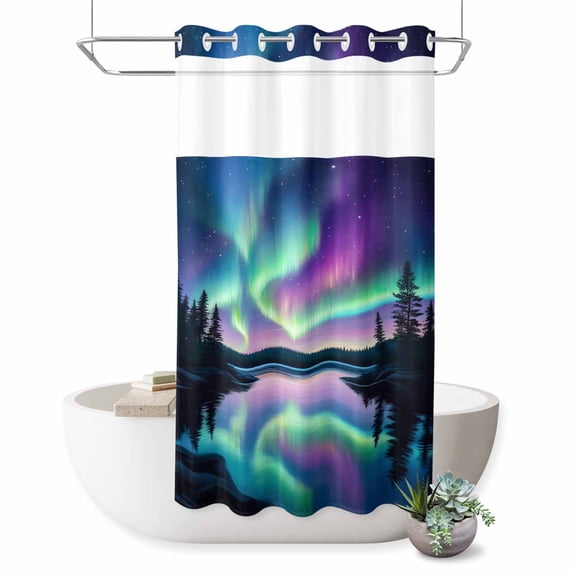 No Hook Shower Curtain with Built-in Rings - Aurora Night Sky Washable Waterproof Fabric Bathroom Curtains for Hotel,Rentals, Stall 36 X 78 Inch , Nature Scenery
