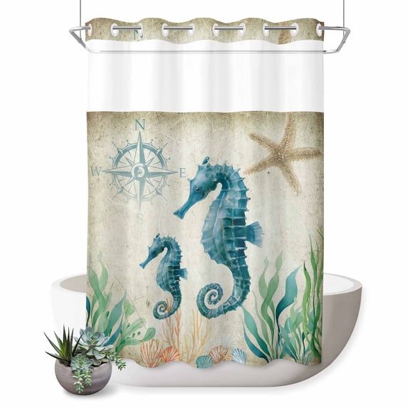 No Hook Shower Curtain with Built-in Rings - Beach Coastal Theme Washable Waterproof Fabric Bathroom Curtains for Hotel,Rentals, 72X 96 Inch Extra Long , Vintage Ocean Seahorse