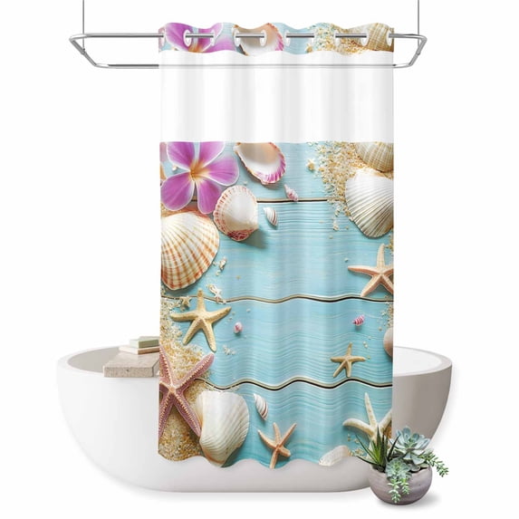 No Hook Shower Curtain with Built-in Rings - Beach Coastal Washable Waterproof Fabric Bathroom Curtains for Hotel,Rentals, Stall 36 X 78 Inch , Farmhouse Starfish Shell Blue