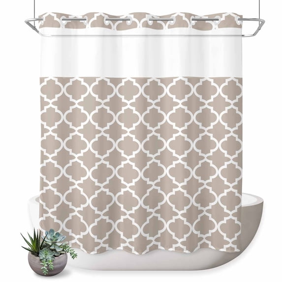 No Hook Shower Curtain with Built-in Rings - Beige White Geometric Washable Waterproof Fabric Bathroom Curtains for Hotel,Rentals, 72 X 72 Inch Long , Minimalist Morocco Pattern