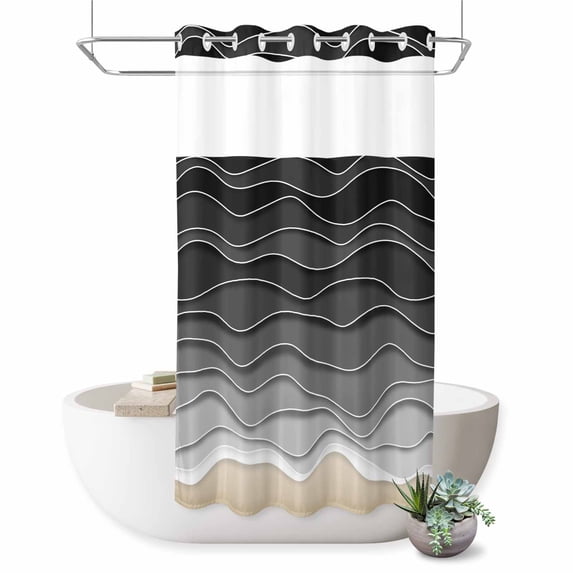 No Hook Shower Curtain with Built-in Rings - Black Gray Beach Coastal Washable Waterproof Fabric Bathroom Curtains for Hotel,Rentals, Stall 36 X 72 Inch , Abstract Ocean Waves Pattern