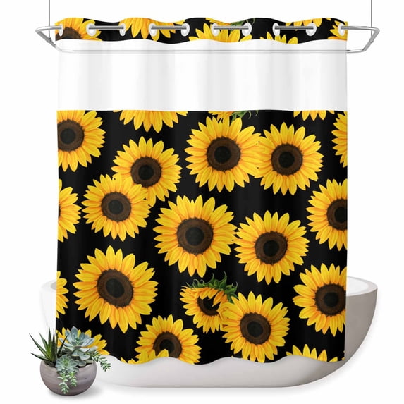No Hook Shower Curtain with Built-in Rings - Black Sunflower Pattern Washable Waterproof Fabric Bathroom Curtains for Hotel,Rentals, 72 X 78 Inch Long , Floral Print