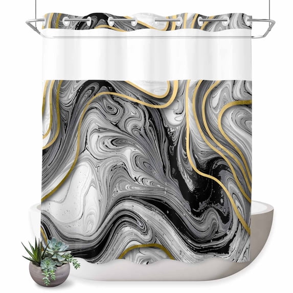 No Hook Shower Curtain with Built-in Rings - Black and White Marble Washable Waterproof Fabric Bathroom Curtains for Hotel,Rentals, 72 X 72 Inch Long , Abstract Golden Lines