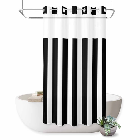 No Hook Shower Curtain with Built-in Rings - Black and White Striped Pattern Washable Waterproof Fabric Bathroom Curtains for Hotel,Rentals, Stall 36 X 78 Inch , Minimalist