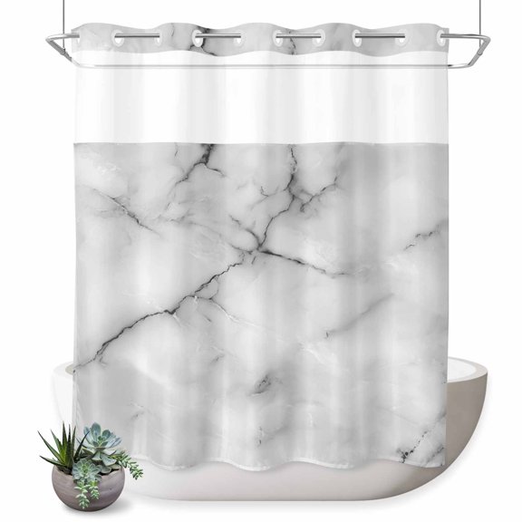 No Hook Shower Curtain with Built-in Rings - Black And White Washable Waterproof Fabric Bathroom Curtains for Hotel,Rentals, 72 X 72 Inch Long , Abstract Marble Textured