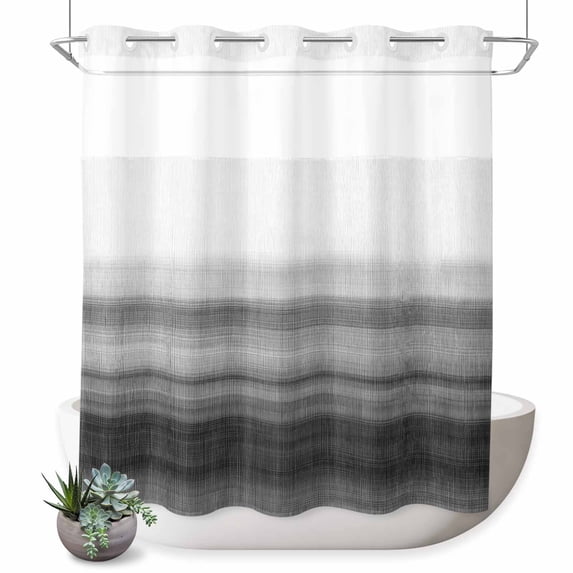 No Hook Shower Curtain with Built-in Rings - Black And White Washable Waterproof Fabric Bathroom Curtains for Hotel,Rentals, 72 X 78 Inch Long , Abstract Modern Brush Strokes
