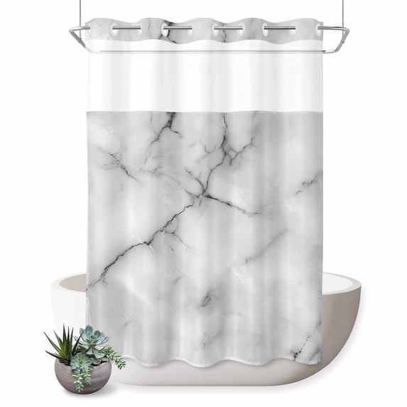 No Hook Shower Curtain with Built-in Rings - Black And White Washable Waterproof Fabric Bathroom Curtains for Hotel,Rentals, 72 X 84 Inch Extra Long , Abstract Marble Textured