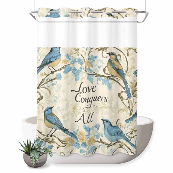 No Hook Shower Curtain with Built-in Rings - Blue Birds Yellow Flowers Washable Waterproof Fabric Bathroom Curtains for Hotel,Rentals, Stall 48 X 72 Inch , Vintage Chinoiserie