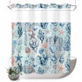 thumbnail image 1 of No Hook Shower Curtain with Built-in Rings - Blue Coastal Nautical Ocean Washable Waterproof Fabric Bathroom Curtains for Hotel,Rentals, 72 X 78 Inch Long , Seashell Starfish Seagrass, 1 of 9