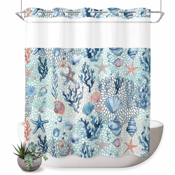 No Hook Shower Curtain with Built-in Rings - Blue Coastal Nautical Ocean Washable Waterproof Fabric Bathroom Curtains for Hotel,Rentals, 72 X 78 Inch Long , Seashell Starfish Seagrass