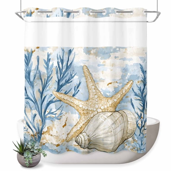 No Hook Shower Curtain with Built-in Rings - Blue Coastal Ocean Beach Themedl Washable Waterproof Fabric Bathroom Curtains for Hotel,Rentals, 72 X 72 Inch Long , Starfish Shell Coral