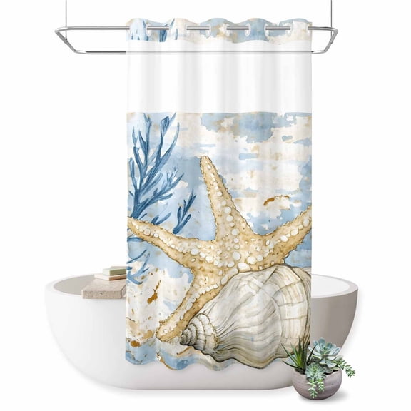No Hook Shower Curtain with Built-in Rings - Blue Coastal Ocean Beach Themedl Washable Waterproof Fabric Bathroom Curtains for Hotel,Rentals, Stall 36 X 72 Inch , Starfish Shell Coral