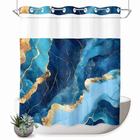 No Hook Shower Curtain with Built-in Rings - Blue Gold Marble Textured Washable Waterproof Fabric Bathroom Curtains for Hotel,Rentals, 66 X 72 Inch Long , Abstract Modern Art
