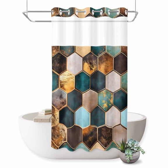 No Hook Shower Curtain with Built-in Rings - Blue Green Marble Washable Waterproof Fabric Bathroom Curtains for Hotel,Rentals, Stall 36 X 72 Inch , Gold Hexagon Geometric Modern Pattern