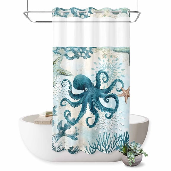 No Hook Shower Curtain with Built-in Rings - Blue Octopus Starfish Washable Waterproof Fabric Bathroom Curtains for Hotel,Rentals, Stall 36 X 72 Inch , Summer Ocean Coastal