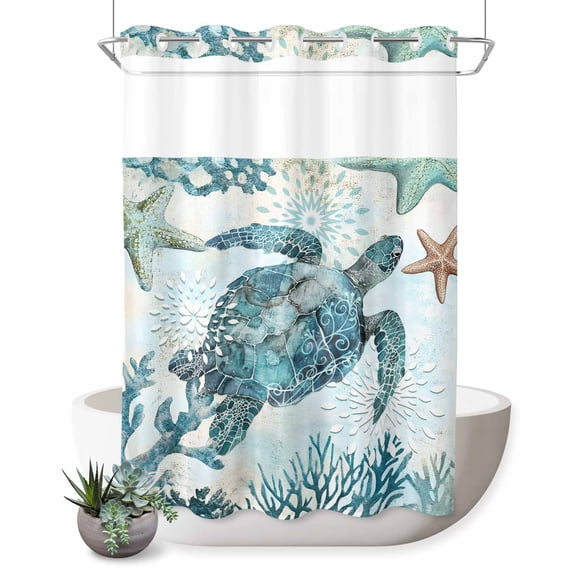 No Hook Shower Curtain with Built-in Rings - Blue Sea Turtle Starfish Washable Waterproof Fabric Bathroom Curtains for Hotel,Rentals, 72X 96 Inch Extra Long , Summer Ocean Coastal