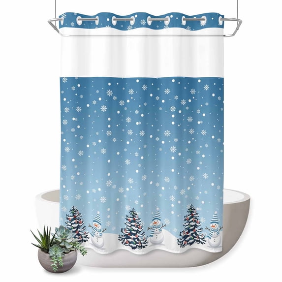 No Hook Shower Curtain with Built-in Rings - Blue Winter Christmas Snowman Washable Waterproof Fabric Bathroom Curtains for Hotel,Rentals, 60 X 72 Inch Long , White Snowflakes Pattern