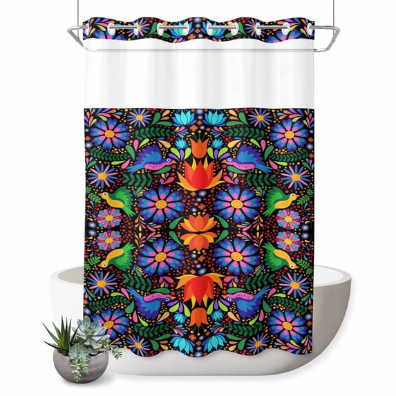 No Hook Shower Curtain with Built-in Rings - Boho Mexican Texture Washable Waterproof Fabric Bathroom Curtains for Hotel,Rentals, 60 X 72 Inch Long , Abstract Floral Bird Multicolor