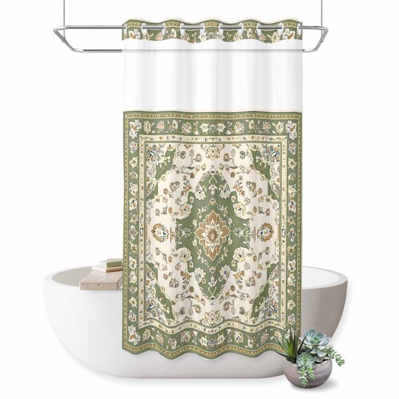 No Hook Shower Curtain with Built-in Rings - Boho Vintage Washable Waterproof Fabric Bathroom Curtains for Hotel,Rentals, Stall 36 X 72 Inch , Ethnic Tribal Floral Pattern Green Beige