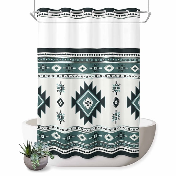 No Hook Shower Curtain with Built-in Rings - Boho Washable Waterproof Fabric Bathroom Curtains for Hotel,Rentals, 60 X 72 Inch Long , Southwest Aztec Pattern Green