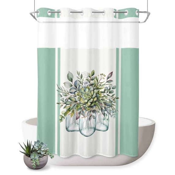 No Hook Shower Curtain with Built-in Rings - Botanical floral Washable Waterproof Fabric Bathroom Curtains for Hotel,Rentals, 72X 96 Inch Extra Long , Retro Watercolor Eucalyptus Leaves Green