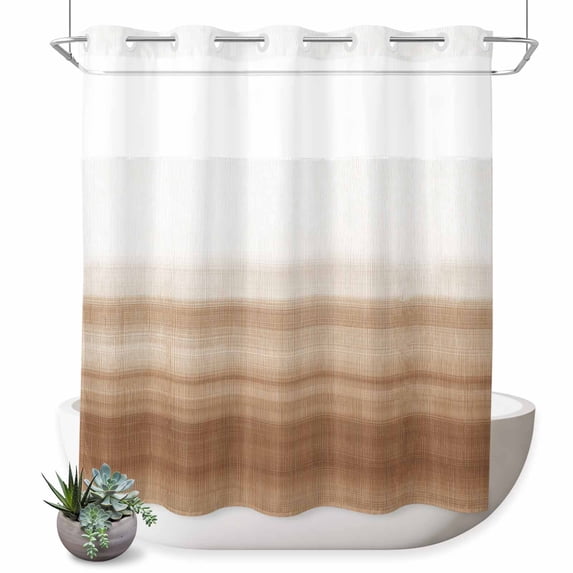 No Hook Shower Curtain with Built-in Rings - Brown White Washable Waterproof Fabric Bathroom Curtains for Hotel,Rentals, 72 X 72 Inch Long , Abstract Modern Brush Strokes