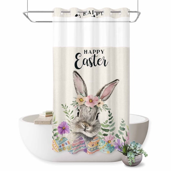 No Hook Shower Curtain with Built-in Rings - Bunny Happy Easter Washable Waterproof Fabric Bathroom Curtains for Hotel,Rentals, Stall 36 X 72 Inch , Rustic Spring Floral Eggs