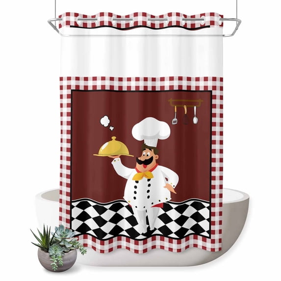 No Hook Shower Curtain with Built-in Rings - Cartoon Chef Kitchen Washable Waterproof Fabric Bathroom Curtains for Hotel,Rentals, 60 X 72 Inch Long , Gourmet Rustic Farmhouse Red Plaid
