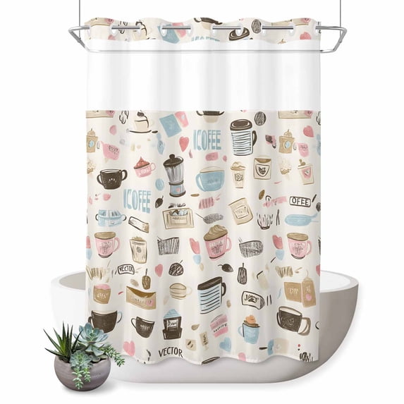 No Hook Shower Curtain with Built-in Rings - Cartoon Coffee Washable Waterproof Fabric Bathroom Curtains for Hotel,Rentals, 72X 96 Inch Extra Long , Gift for Coffee Lover