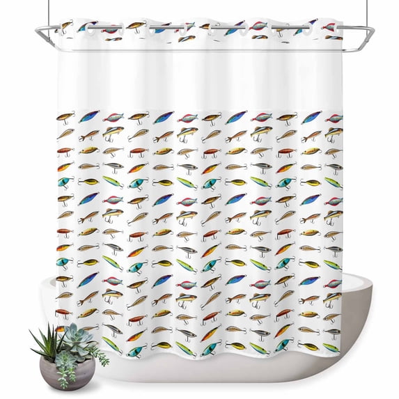 No Hook Shower Curtain with Built-in Rings - Cartoon Fishing Bait Hook Washable Waterproof Fabric Bathroom Curtains for Hotel,Rentals, 72 X 72 Inch Long , Colorful Fishes White