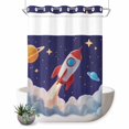 thumbnail image 1 of No Hook Shower Curtain with Built-in Rings - Cartoon Navy Blue Space Washable Waterproof Fabric Bathroom Curtains for Hotel,Rentals, 72 X 84 Inch Extra Long , Red 3D Rocket Yellow Stars, 1 of 9