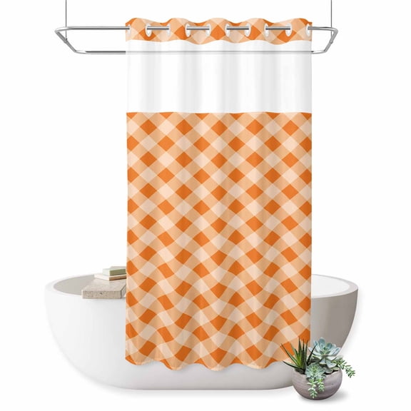 No Hook Shower Curtain with Built-in Rings - Check Plaid Washable Waterproof Fabric Bathroom Curtains for Hotel,Rentals, Stall 36 X 72 Inch Orange Plaid