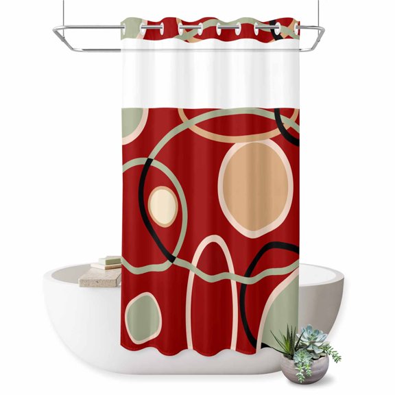 No Hook Shower Curtain with Built-in Rings - Circle Abstract Washable Waterproof Fabric Bathroom Curtains for Hotel,Rentals, Stall 36 X 72 Inch Brown Red Stripe Line Art
