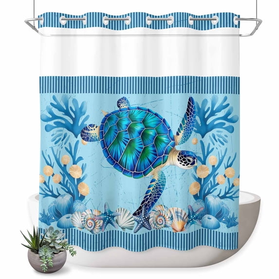 No Hook Shower Curtain with Built-in Rings - Coastal Ocean Washable Waterproof Fabric Bathroom Curtains for Hotel,Rentals, 72 X 72 Inch Long , Sea Turtles Starfishs Blue