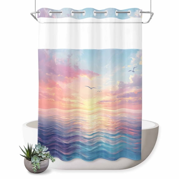 No Hook Shower Curtain with Built-in Rings - Coastal Washable Waterproof Fabric Bathroom Curtains for Hotel,Rentals, 60 X 72 Inch Long , Ocean Sunset Seagull Blue Pink Orange