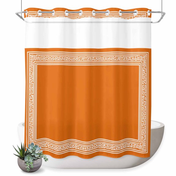 No Hook Shower Curtain with Built-in Rings - Coral Orange Greek Key Pattern Washable Waterproof Fabric Bathroom Curtains for Hotel,Rentals, 72 X 72 Inch Long , Geometric Modern